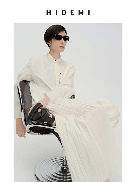 HIDEMI 自然白简约设计感竖压纹褶皱感衬衫套装 衬衫/阔腿裤 商品图8