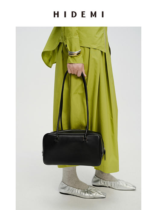 HIDEMI 牛皮波士顿两用包 可手提可腋下肩背 黑色/乳白色 商品图5