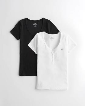 百搭必备！Hollister HENLEY 基础款大圆领T恤 黑白2件套装￥350到手！分长袖和短袖