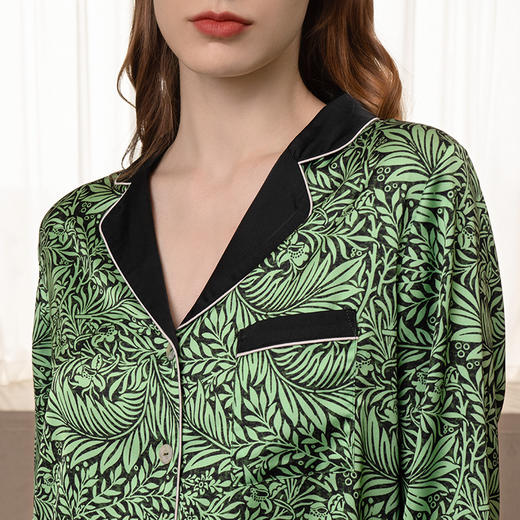 Solo seta22姆米真丝睡衣套装青叶印花长袖桑蚕丝家居服秋冬 商品图4