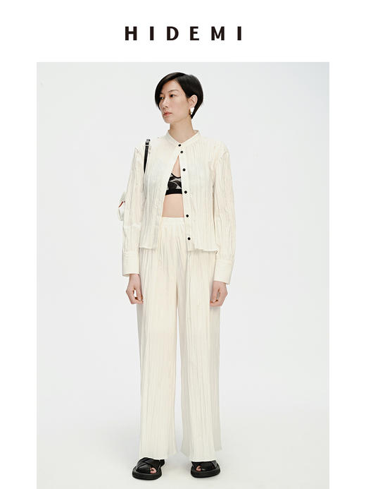 HIDEMI 自然白简约设计感竖压纹褶皱感衬衫套装 衬衫/阔腿裤 商品图2