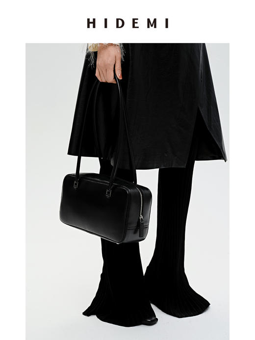 HIDEMI 牛皮波士顿两用包 可手提可腋下肩背 黑色/乳白色 商品图7