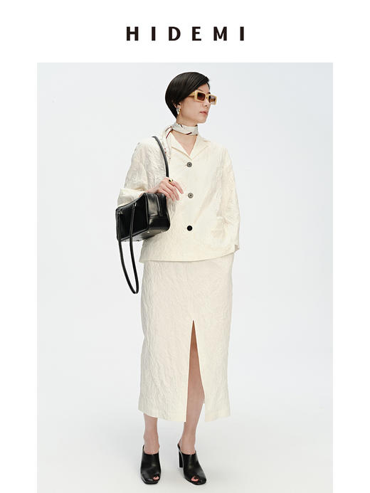 HIDEMI 褶皱风格白色极简轻西装套装 西装式上衣/半身裙 商品图1