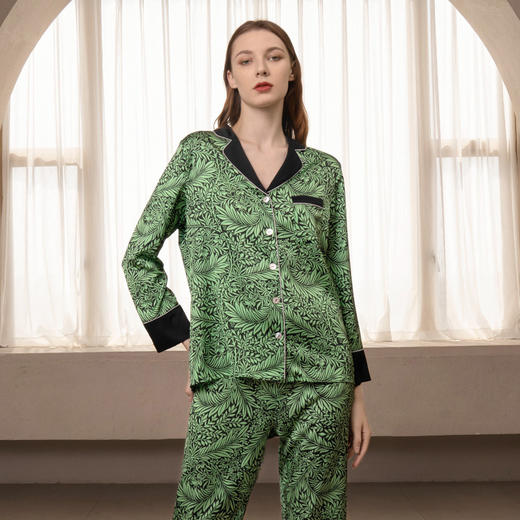 Solo seta22姆米真丝睡衣套装青叶印花长袖桑蚕丝家居服秋冬 商品图2