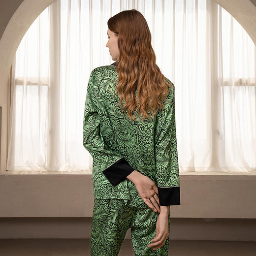 Solo seta22姆米真丝睡衣套装青叶印花长袖桑蚕丝家居服秋冬 商品图1