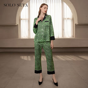 Solo seta22姆米真丝睡衣套装青叶印花长袖桑蚕丝家居服秋冬