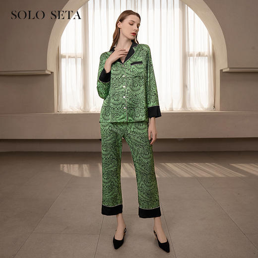 Solo seta22姆米真丝睡衣套装青叶印花长袖桑蚕丝家居服秋冬 商品图0