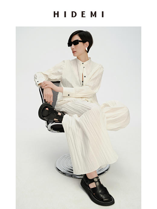 HIDEMI 自然白简约设计感竖压纹褶皱感衬衫套装 衬衫/阔腿裤 商品图7