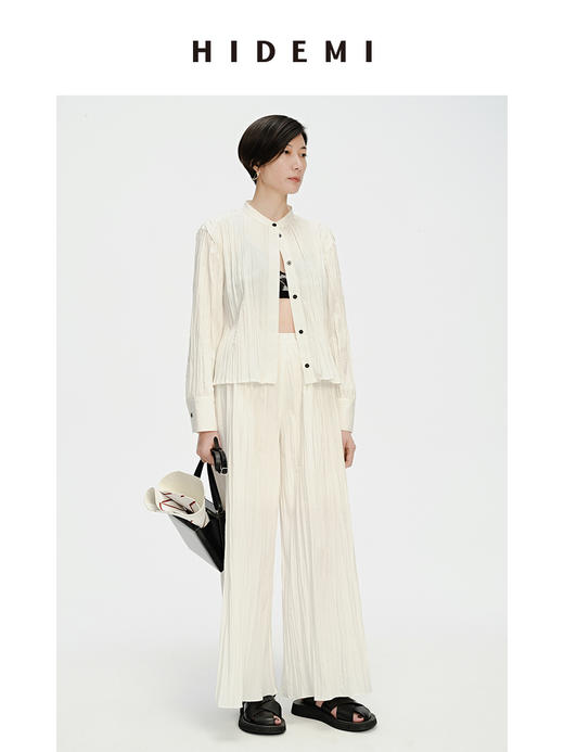 HIDEMI 自然白简约设计感竖压纹褶皱感衬衫套装 衬衫/阔腿裤 商品图3