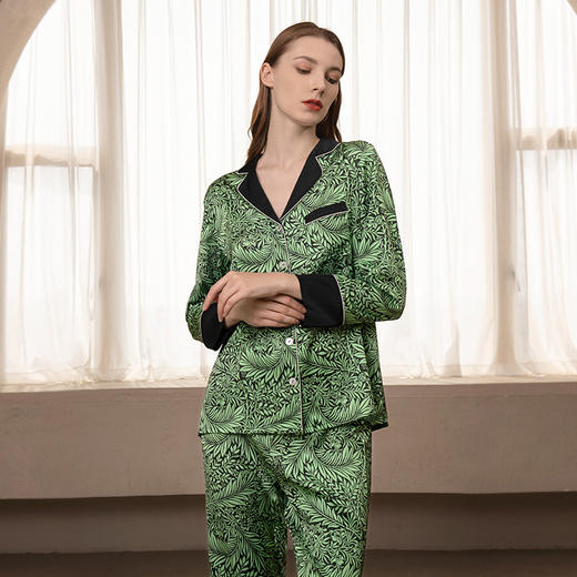 Solo seta22姆米真丝睡衣套装青叶印花长袖桑蚕丝家居服秋冬 商品图3
