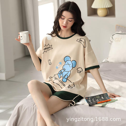 2022夏季韩版ins纯棉睡衣女士休闲套装短袖短裤宽松学生睡眠家居服女秋季薄款时尚套装可外穿 商品图3