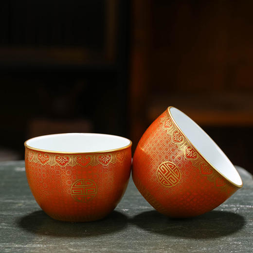 珊瑚红描金寿纹缸杯 商品图1