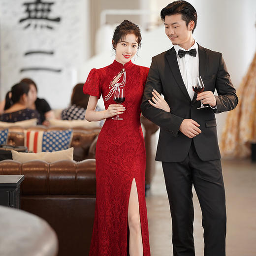 中式旗袍敬酒服结婚礼服鱼尾酒红色礼服裙春 FDL-1 商品图5