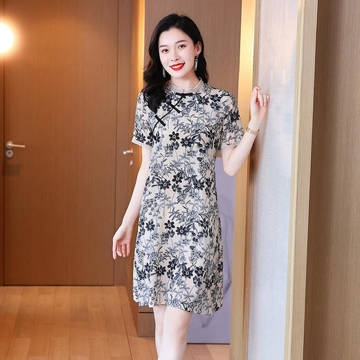 修身显瘦，桑蚕丝复古中式改良旗袍印花色短袖真丝连衣裙KQN-242-25 商品图1