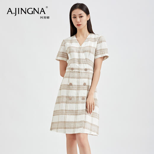 【商城同款】阿菁娜春夏新品双排扣亚麻V领连衣裙气质百搭A字裙A27X112099 商品图4