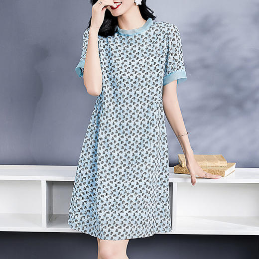 丁摩真丝连衣裙女夏季新款音符印花拼接收腰显瘦短袖桑蚕丝裙子AL73501 商品图2