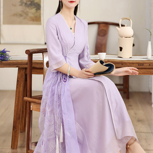 复古国风，禅意禅服系带改良凤凰刺绣中式汉服桔梗连衣裙OG-99957 商品图1