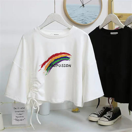 黛唯梵泫雅风短款短袖t恤女ins潮韩版学生宽松抽绳露肚脐高腰上衣女夏季国庆清明出游 商品图7