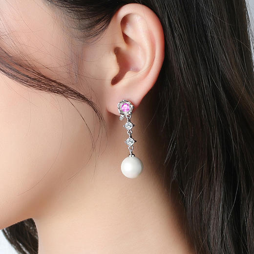 SWZH-ED152韩版气质优雅粉色花朵耳钉长款小巧珍珠耳环ins风耳饰品 商品图3