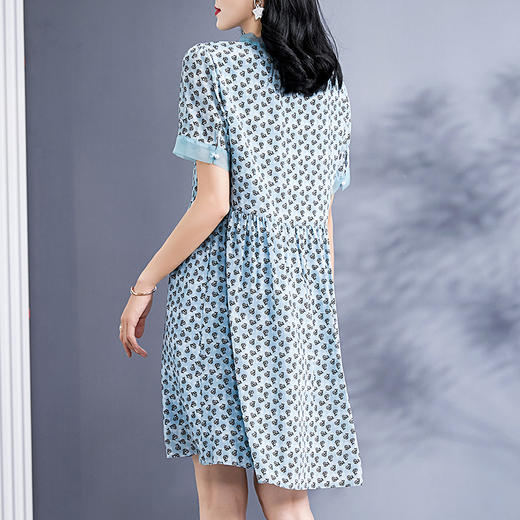 丁摩真丝连衣裙女夏季新款音符印花拼接收腰显瘦短袖桑蚕丝裙子AL73501 商品图3