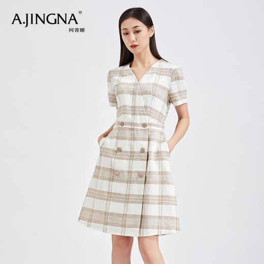 【商城同款】阿菁娜春夏新品双排扣亚麻V领连衣裙气质百搭A字裙A27X112099 商品图3