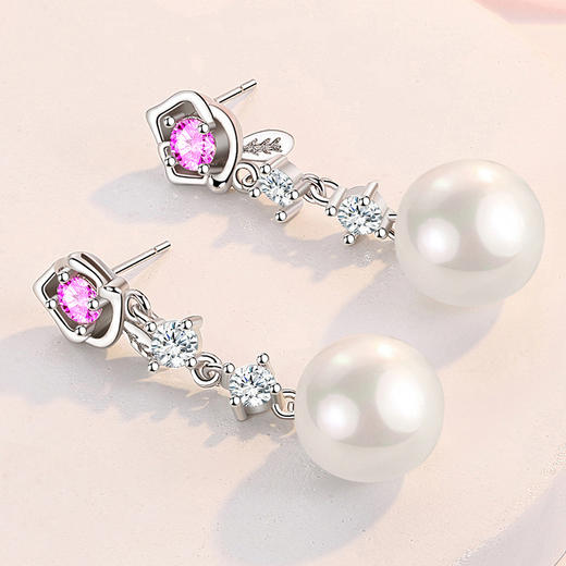 SWZH-ED152韩版气质优雅粉色花朵耳钉长款小巧珍珠耳环ins风耳饰品 商品图2