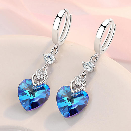 SWZH-EH629心形水晶耳坠蓝色时尚耳环镶钻耳坠韩式耳扣 商品图0
