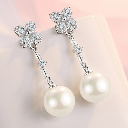 SWZH-ED151珍珠耳钉韩版长款珍珠耳饰女四叶冷淡风耳坠 商品图0