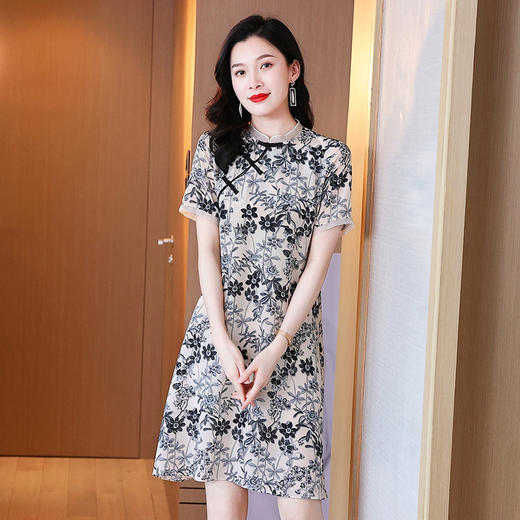 修身显瘦，桑蚕丝复古中式改良旗袍印花色短袖真丝连衣裙KQN-242-25 商品图0