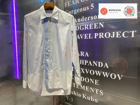 男款长袖衬衫 拼接设计感 前短后长 蓝色细条纹