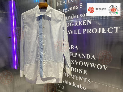 男款长袖衬衫 拼接设计感 前短后长 蓝色细条纹 商品图0