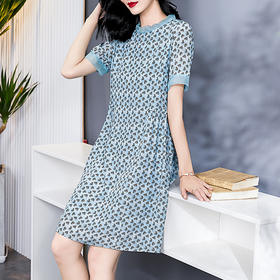 丁摩真丝连衣裙女夏季新款音符印花拼接收腰显瘦短袖桑蚕丝裙子AL73501