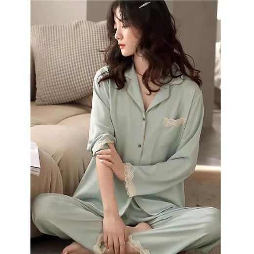 【限时折扣】高级感纯色蕾丝冰岛丝睡衣家居服套装 （浅绿/浅粉）M-XL 商品图1