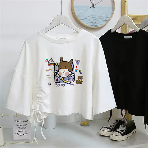 黛唯梵泫雅风短款短袖t恤女ins潮韩版学生宽松抽绳露肚脐高腰上衣女夏季国庆清明出游 商品图6