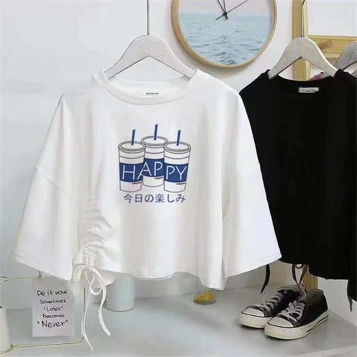 黛唯梵泫雅风短款短袖t恤女ins潮韩版学生宽松抽绳露肚脐高腰上衣女夏季国庆清明出游 商品图2