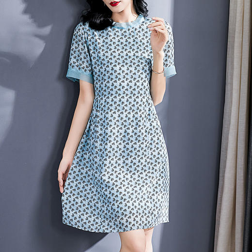 丁摩真丝连衣裙女夏季新款音符印花拼接收腰显瘦短袖桑蚕丝裙子AL73501 商品图1