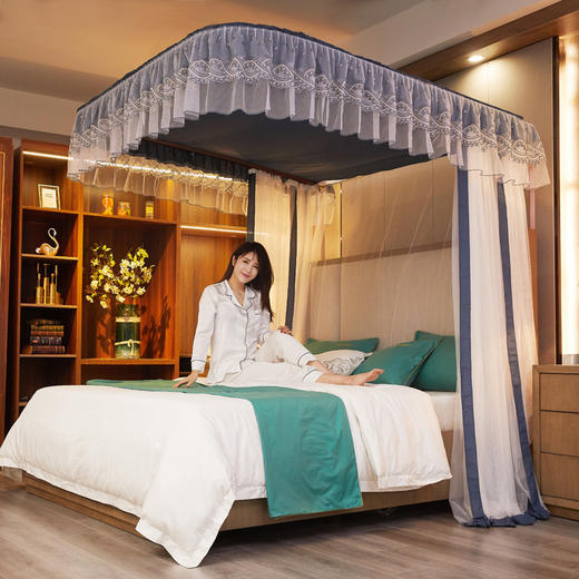 自然醒防尘顶绣花花边导轨款蚊帐HH 商品图1