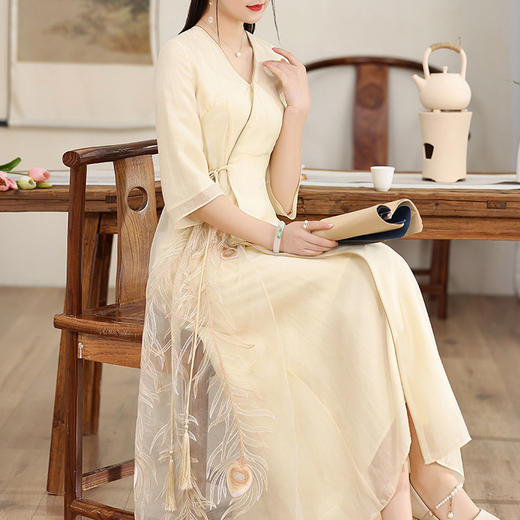 复古国风，禅意禅服系带改良凤凰刺绣中式汉服桔梗连衣裙OG-99957 商品图0