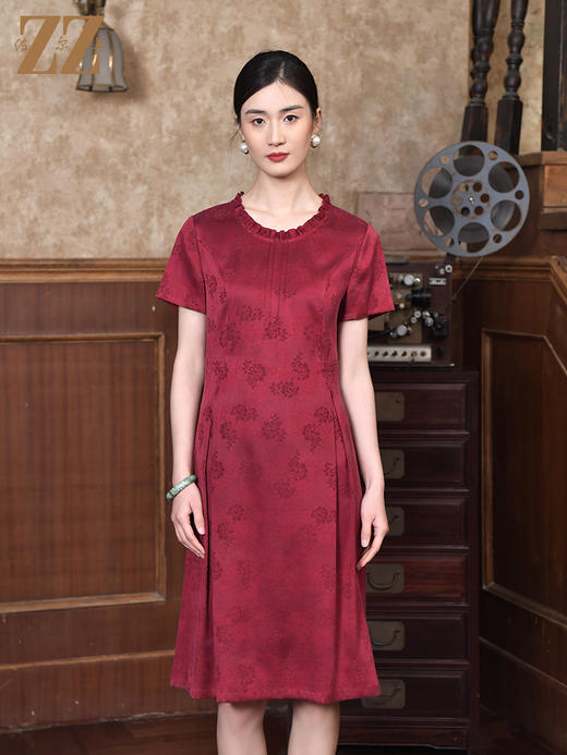 佐尔美2022夏季新款 红云纱真丝桑蚕丝桑波缎提花连衣裙女E22LS19 商品图0