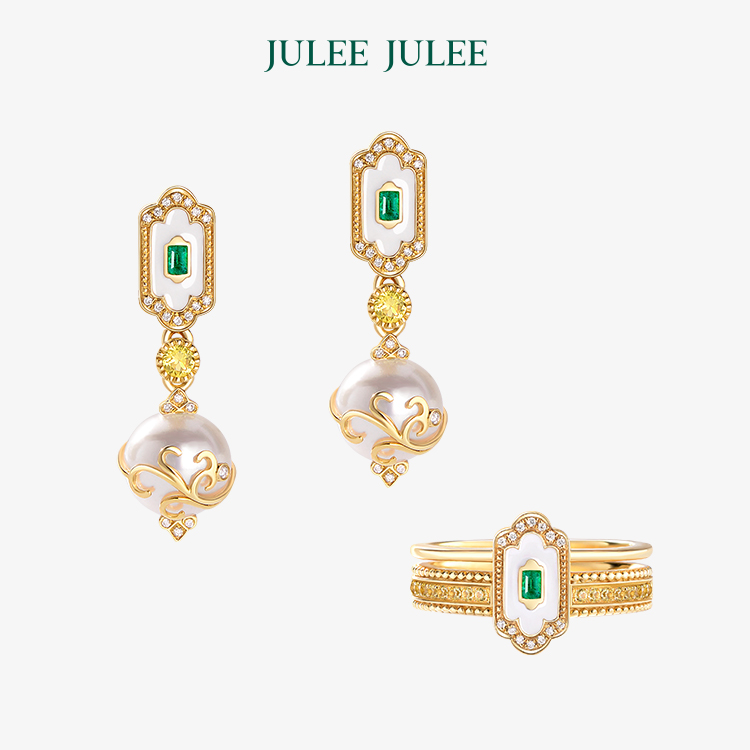 【致敬】JULEE JULEE茱俪珠宝  18K黄金祖母绿钻石戒指耳环套装