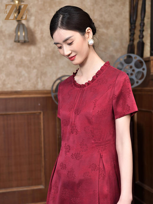 佐尔美2022夏季新款 红云纱真丝桑蚕丝桑波缎提花连衣裙女E22LS19 商品图3