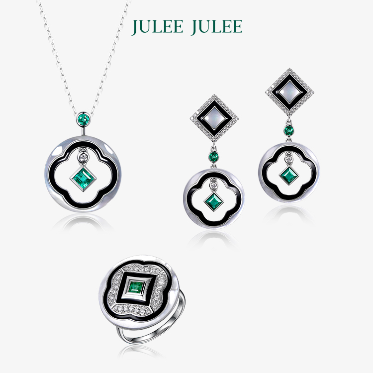 【姑苏】JULEE JULEE茱俪珠宝  18K白金祖母绿钻石珐琅母贝项链戒指耳饰套装
