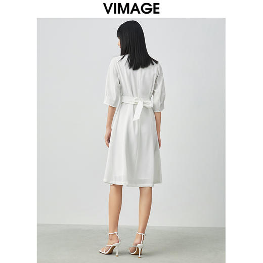 VIMAGE纬漫纪夏季V领收腰雪纺裙子五分袖过膝裙连衣裙V1507148 商品图3