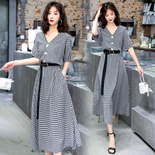 HRFS-WB20089夏季新款V领显瘦连衣裙复古格纹气质长款裙子 商品图2