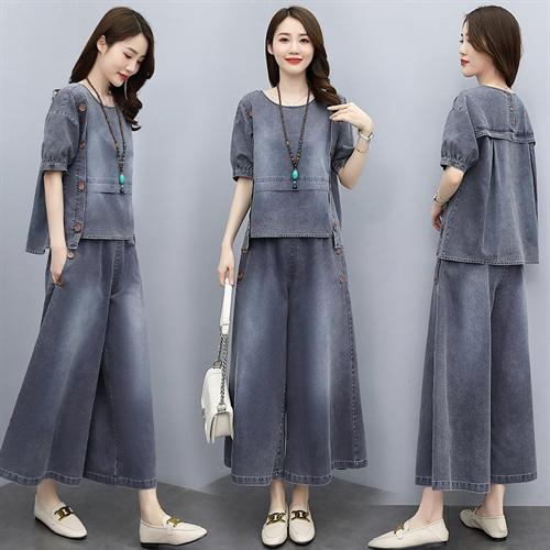 文艺气质，时尚棉麻牛仔阔腿裤两件套HR-GJC2130-11 商品图2