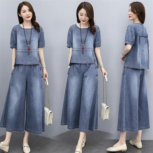 文艺气质，时尚棉麻牛仔阔腿裤两件套HR-GJC2130-11 商品图0