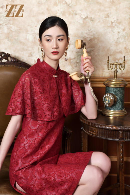 佐尔美春夏新款 蕾丝红色披肩无袖连衣裙女E21LL11 商品图2