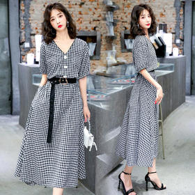 HRFS-WB20089夏季新款V领显瘦连衣裙复古格纹气质长款裙子