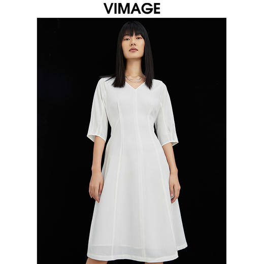 VIMAGE纬漫纪夏季V领收腰雪纺裙子五分袖过膝裙连衣裙V1507148 商品图4