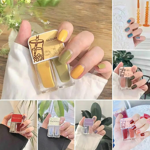 【任选两组，自动变价39.9】NUSVAN奶茶系列双色指甲油（芒果抹茶/脏脏蜜桃/蓝莓星冰乐/椰汁西米露/海藻之蓝/红豆拿铁/金沙红榴） 商品图3